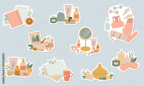 Self care elements stickers set. Cosmetic products and tools, sport equipment, books and diary