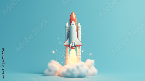 A rocket launching in blue background. 3d render illustration. Generative AI photo