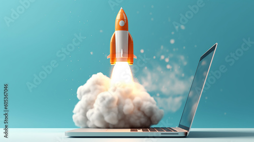 A rocket launched near from a laptop. Blue background. Business startup with growth marketing concepts. Generative AI