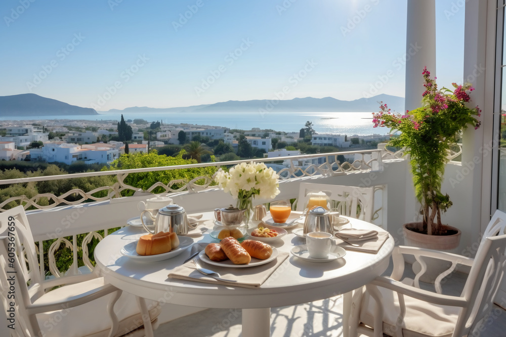 Breakfast on the veranda of the hotel with a magnificent view. AI generative