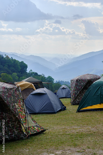 Close up, camping tent on camp site in mountain