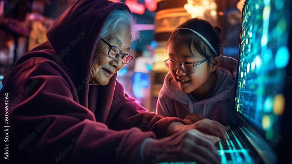 Generative ai asiatic granddaughter teaching her grandmother to use new technology Generative ai asiatic granddaughter teaching her grandmother to use new technology