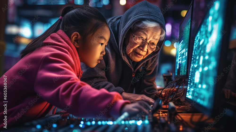 Generative ai asiatic granddaughter teaching her grandmother to use new technology Generative ai asiatic granddaughter teaching her grandmother to use new technology