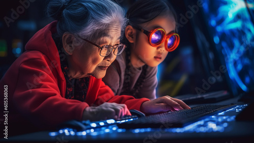 Generative ai asiatic granddaughter teaching her grandmother to use new technology photo