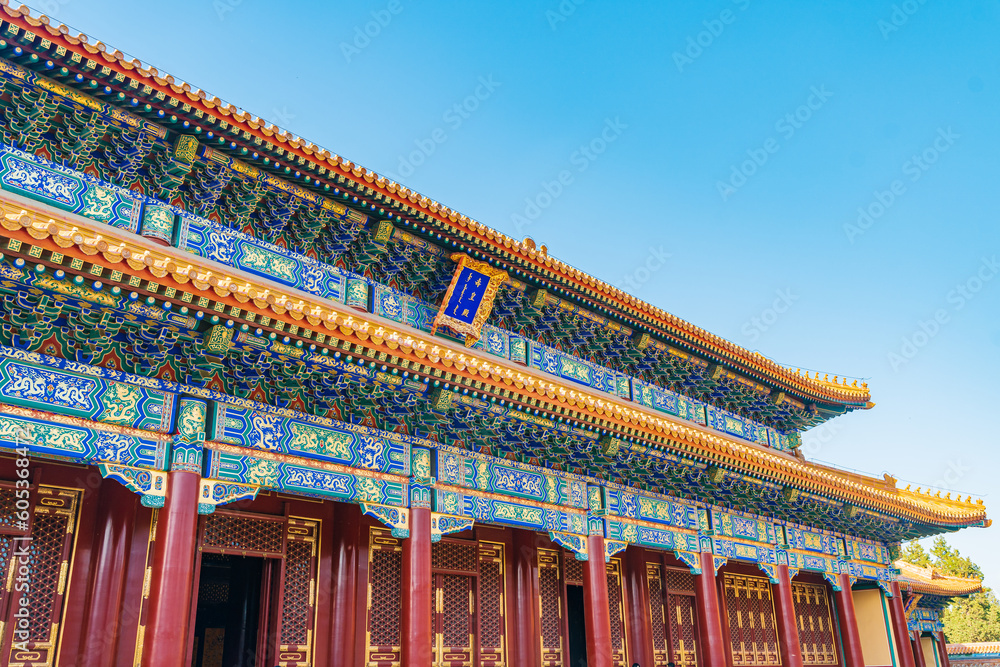 The ancient building of Shouhuang Hall in Beijing Jingshan Park under the blue sky The ancient building of Shouhuang Hall in Beijing Jingshan Park under the blue sky