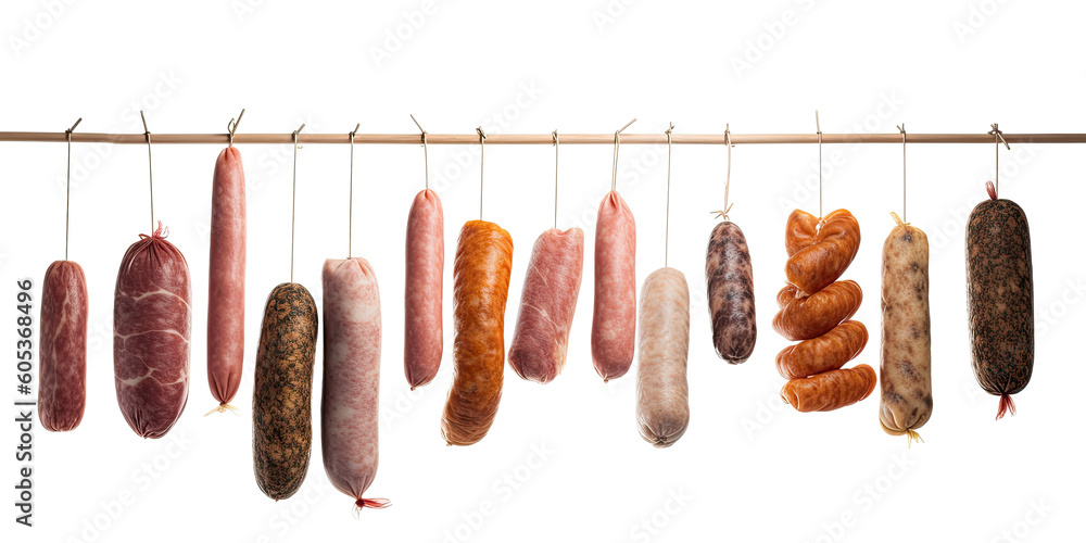 Different sausages hang on a rope on a white background. Generative ai. - obrazy, fototapety, plakaty 
