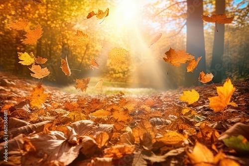 Blätter fallen vom Baum mit unscharfem Hintergrund, Generative AI © michagehtraus