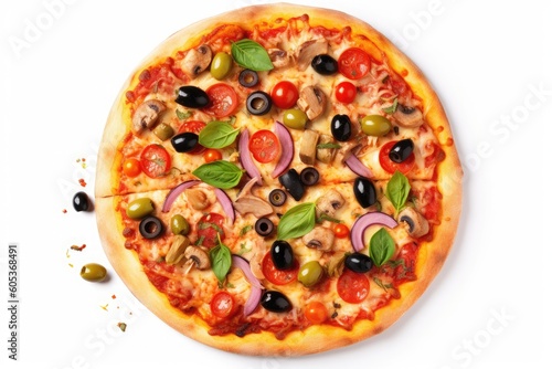 Tasty Italian pizza with olives isolated on white background. Generative ai.