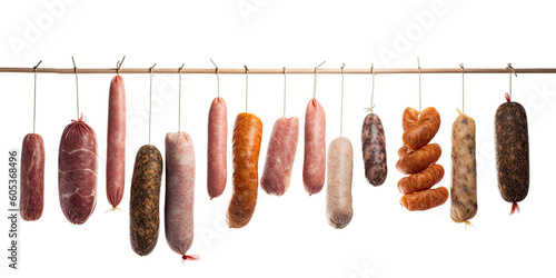 Different sausages hang on a rope on a white background. Generative ai.