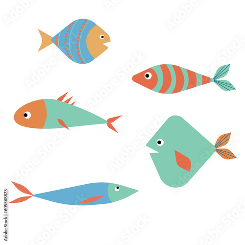 Set of cartoon fish. Vector flat simple design. Baby, kids collection.