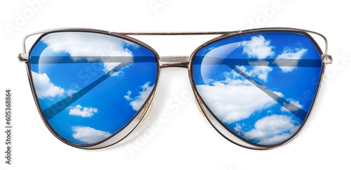 Sunglasses with sky reflection on a white background. Top view