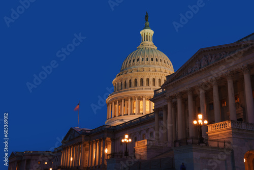  US Capitol building at night, Washington DC, USA.