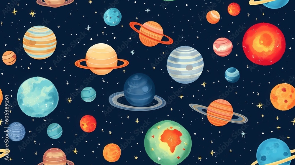 Seamless background pattern with cosmos, moon, stars and planets