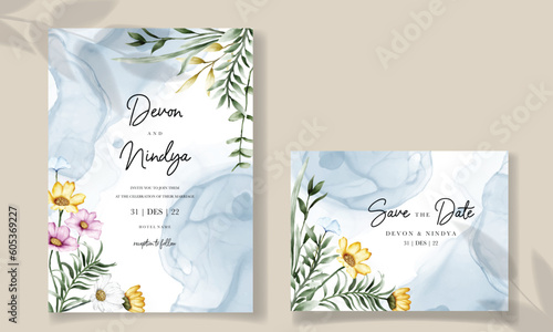 Elegant wedding invitation card with beautiful watercolor flowers