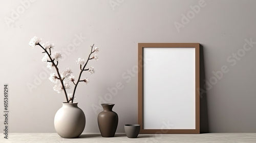 White wall with frame and flower