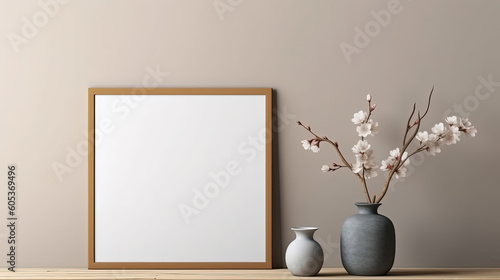 White wall with frame and flower