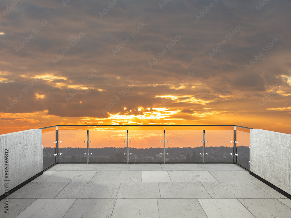 Balcony view of sky. Landscape. Sunny Day. Terrace with a beautiful view on the sky. Background with beautiful cloud's.Sunset.	