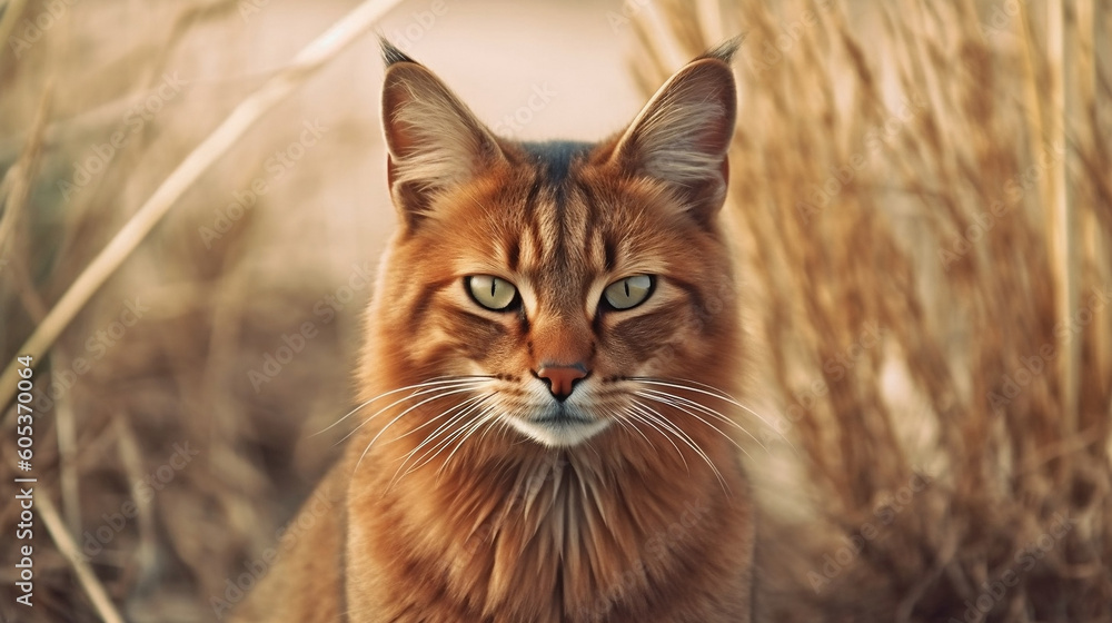 symmetrical close-up portrait shoot in brown savanna of a graceful Somali cat - Generative AI