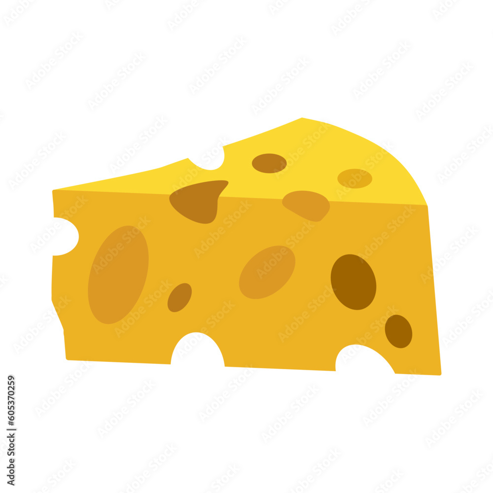 Swiss cheese illustration in flat style. Triangular piece of cheese with holes. Cheese icon for design, food apps and websites. Vector EPS 10