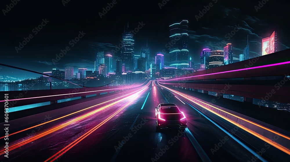 Speed motion in futuristic night city. AI generated.