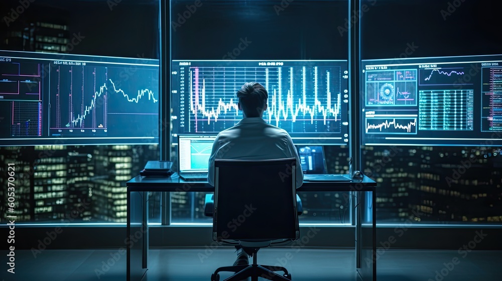 Trader watching on the screen. AI generated. Trader watching on the screen. AI generated.