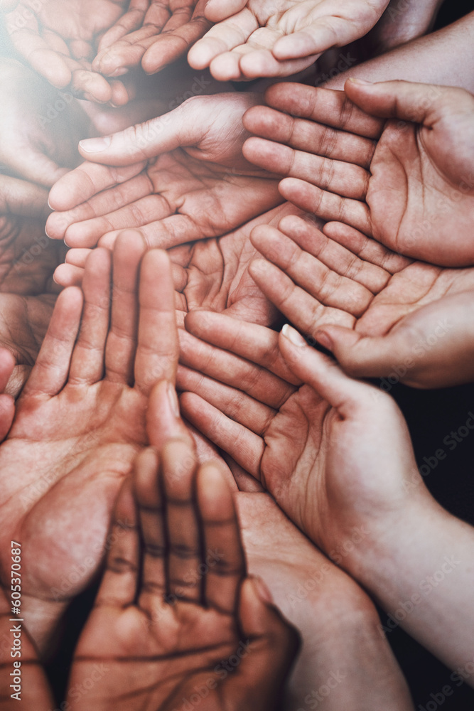 Fototapeta premium Open hands, diversity and group together with community, solidarity and support. Hunger, faith and charity hands gesture with people and poverty with crowd show palm and society and charity donation