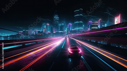 Speed motion in futuristic night city. AI generated. © Viktor