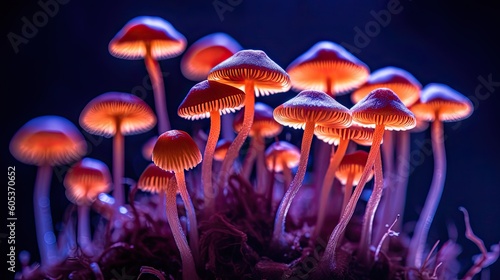Magical glowing mushrooms. AI generated.