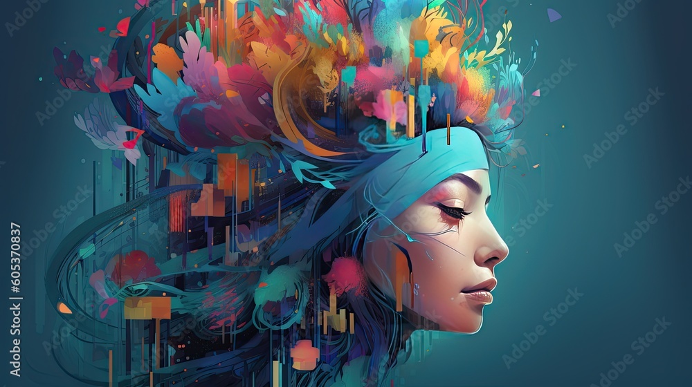 Illustration of woman face with bright abstract pattern. AI generated.
