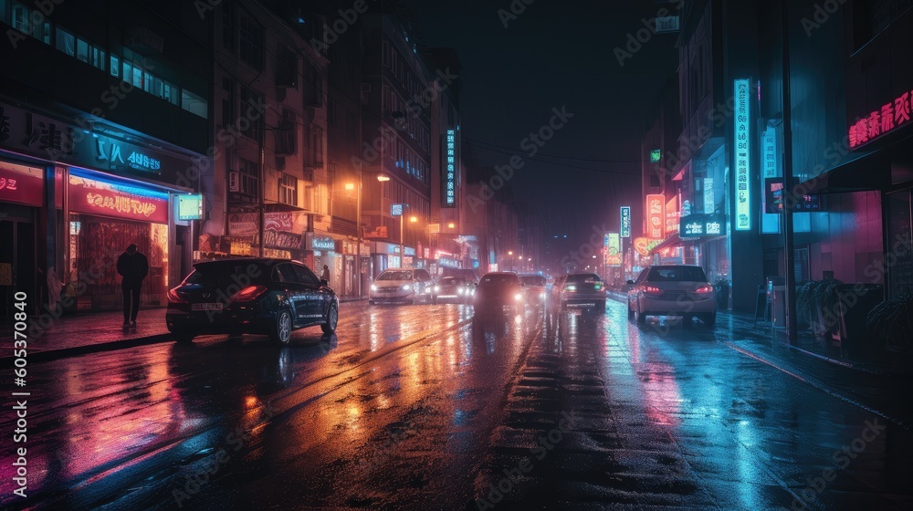 Night city with neon lights. AI generated.