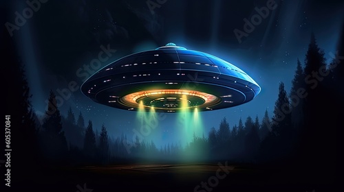 Illustration of UFO in forest at night. AI generated.