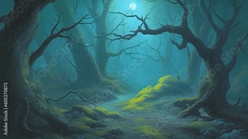 Illustration of mysterious forest. AI generated.