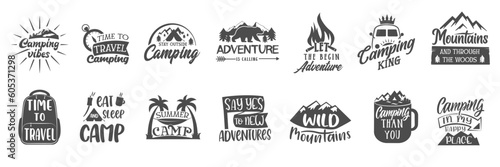 Camping logo. Vector set of wilderness and nature exploration vintage emblems, silhouettes and design elements. . Vector illustration.