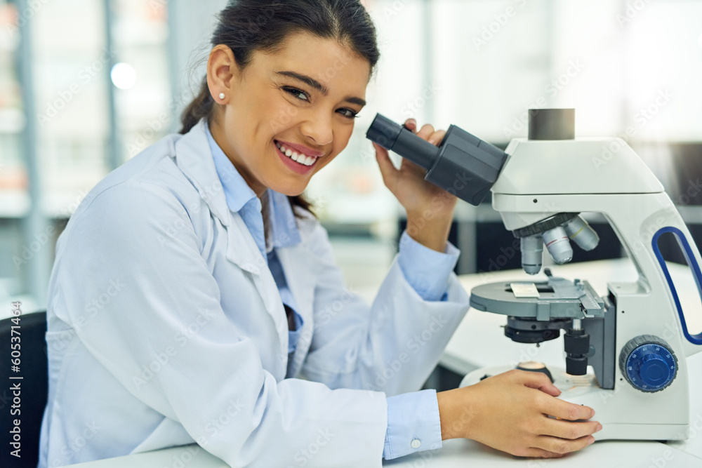 Scientist, portrait and smile of woman with microscope in laboratory for medical research. Face, science and female doctor with lens equipment for sample analysis, particle test and lab experiment. Scientist, portrait and smile of woman with microscope in laboratory for medical research. Face, science and female doctor with lens equipment for sample analysis, particle test and lab experiment.