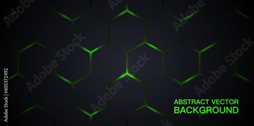 Dark green and black horizontal hexagonal technology abstract vector background. A futuristic wide banner with glowing green energy flashes light under the hexagon. Vector.