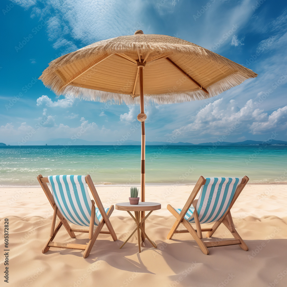 Panoramic view of two wooden chairs and a saloma umbrella on the beach. Sea with turquoise water and white sandy beach. Generative AI