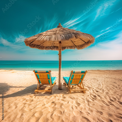 Panoramic view of two wooden chairs and a saloma umbrella on the beach. Sea with turquoise water and white sandy beach. Palms. Generative AI