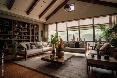 Wide angle view of minimalist living room in villa interior decor using generative AI
