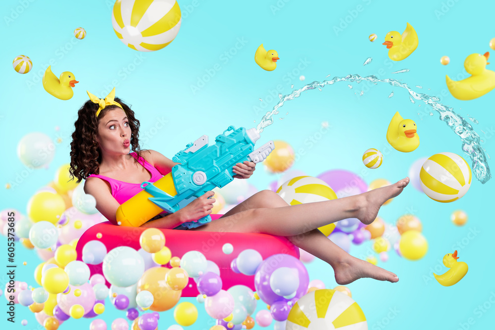 Fototapeta premium Poster creative banner collage of funny girl have fun enjoying summer holiday weekend fighting with water gun on poolside
