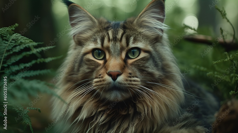 big majestic brown norwegian forest cat posing in a green forest in the afternoon - Generative AI