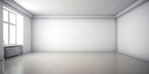 High resolution white room with window. Modern empty interior with floor  concrete wall and panoramic window. 3D Rendering