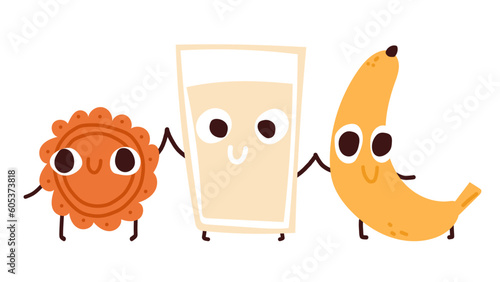 Kids breakfast illustration. Funny cute cookie, milk and banana  characters.
