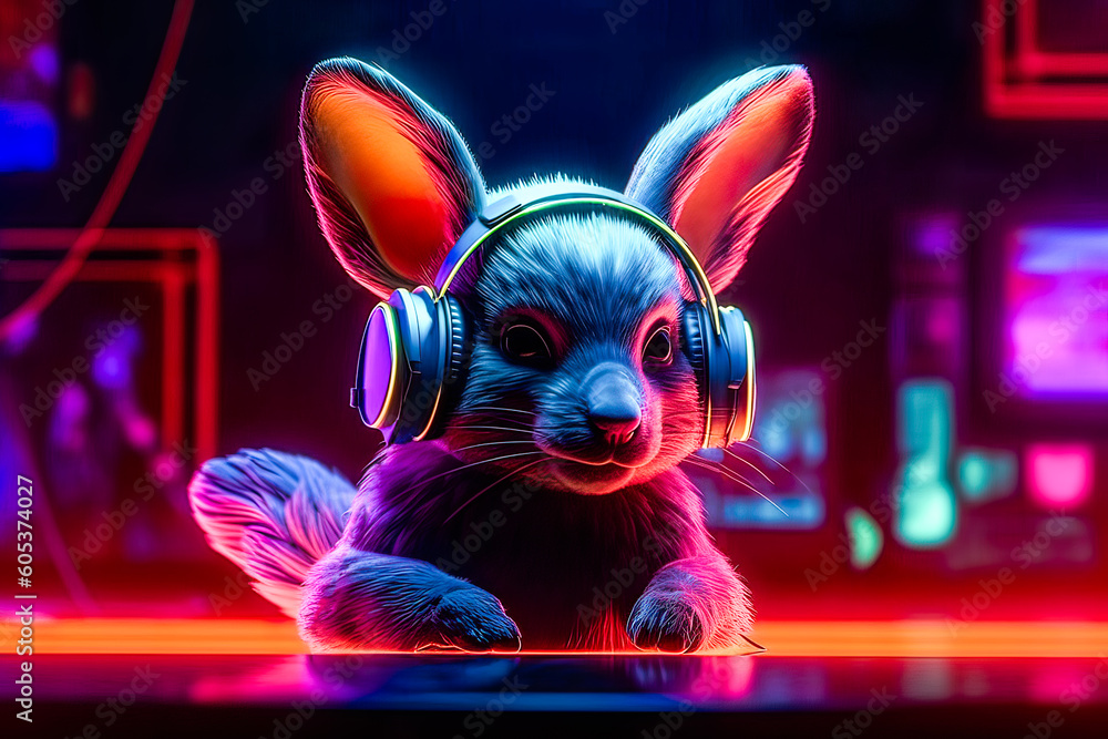 Generative AI illustration of adorable rabbit listening to music over ...