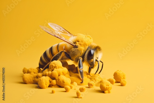 Generative AI colorful illustration of a fluffy, fluffy bee with transparent wings collecting flower pollen against a bright yellow background photo