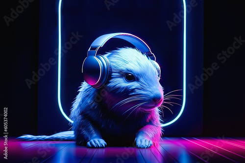 Generative AI illustration of rat listening to music in modern wireless headphones and looking away in dark neon studio photo