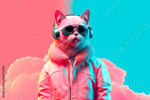 Fototapeta Generative AI illustration of fantasy character with cat head in sunglasses and headphones wearing white jacket listening to music against pink and blue background