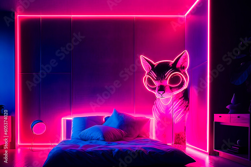 Generative AI illustration of futuristic big cat standing near comfortable bed with pillows in dark room with bright pink neon illumination photo