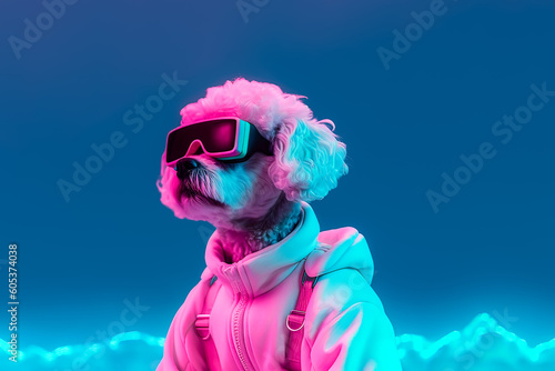 Generative AI futuristic illustration of petfluencer character Maltese Poodle dog in VR goggles illuminated with pink light against neon blue background photo