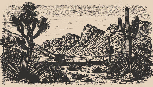 Mountain desert texas background landscape. Wild west western adventure explore inspirational vibe. Graphic Art. Engraving Vector