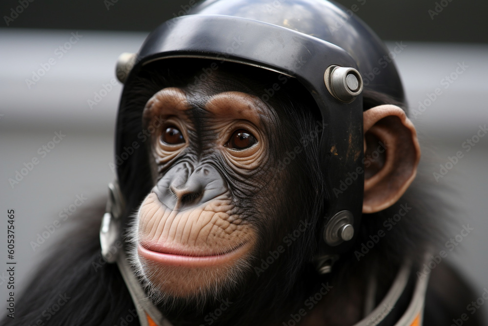 a chimpanzee wearing an astronaut helmet